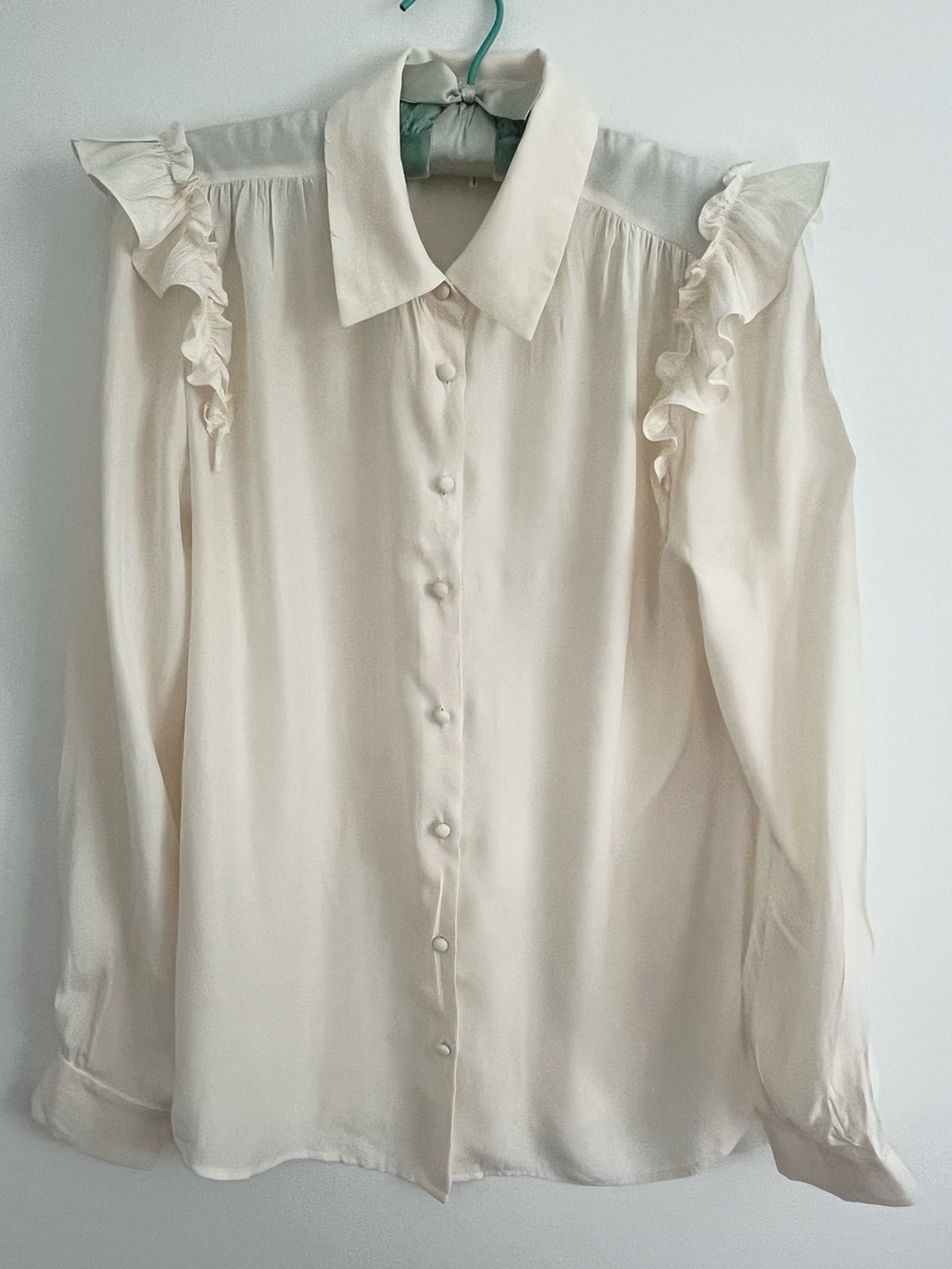 Frame Off White Silk Collared Button Up Ruffle Shoulder Blouse Size Medium